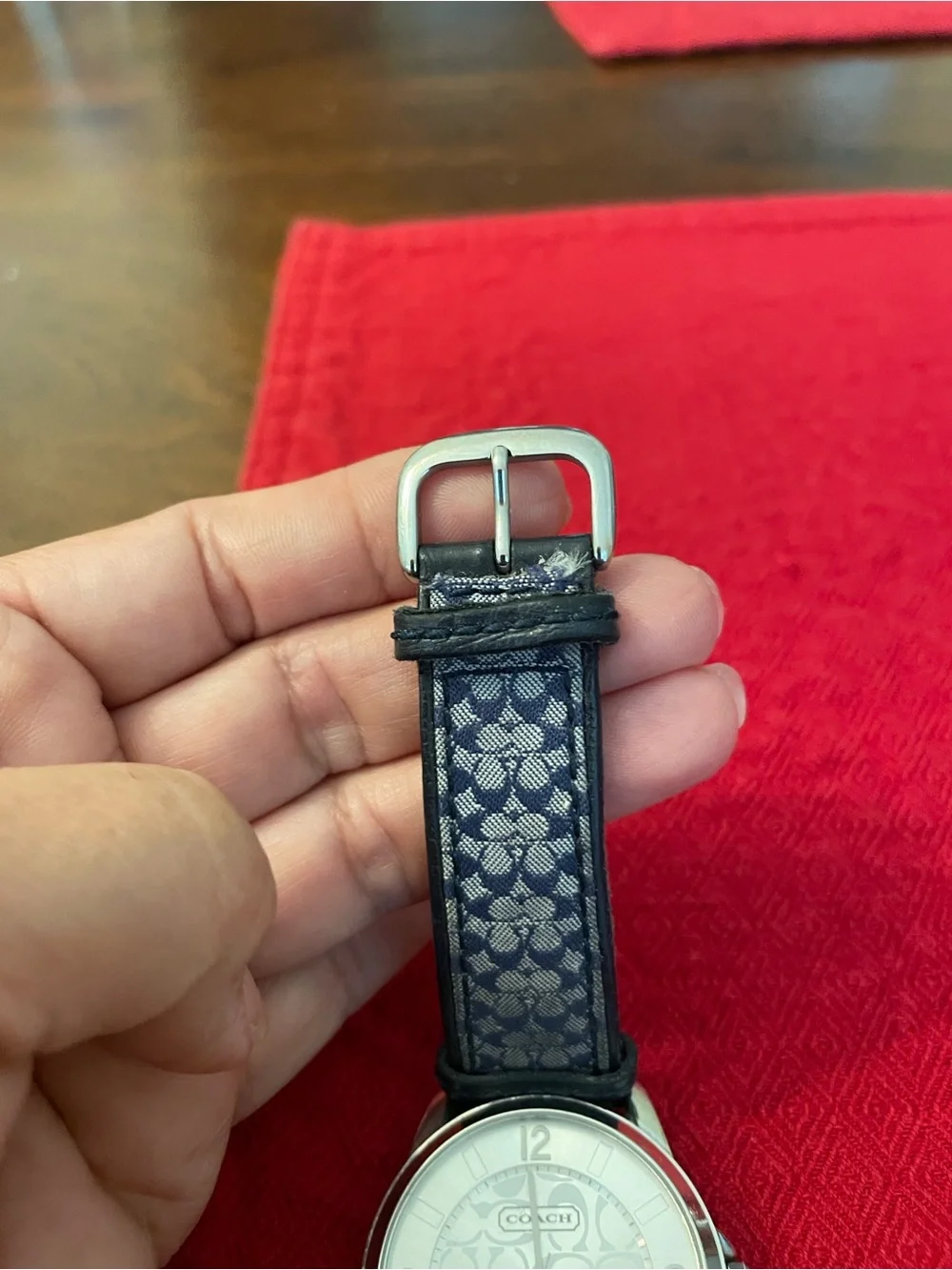 Coach women Silver Case Watch with Navy Signature Canvas Strap